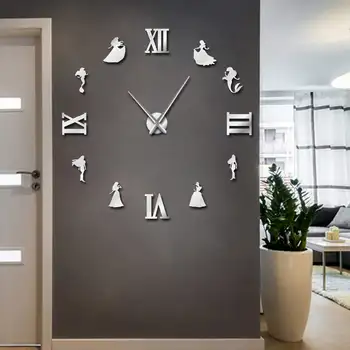 1szt Syrenka księżniczka DIY Wielki zegar ścienny zegar Ścienny wspaniały styl 3D efekt lustra, naklejki ścienne zegary ścienne Dziewczyny prezent
