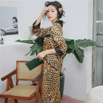 Nowy sexy leopard print Пижамный zestaw prawdziwy jedwab satyna oddychająca koszula z długim rękawem Pijama Mujer wygodna Damska odzież domowa