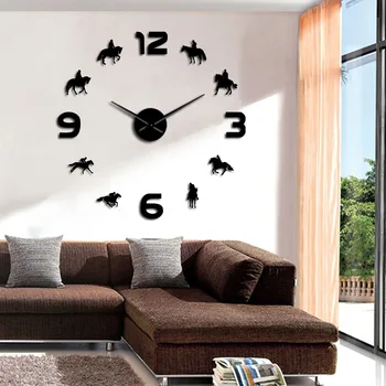 Wyścigi konne DIY gigantyczny zegar ścienny jezdzie uchwyt sztuka dom na wsi konie wyścigowe wystrój bezramowe zegar ścienny prezent dla dżokej