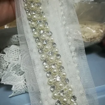 1 yard 4 cm perły rhinestone zroszony koronkowe wykończenie vintage netto tkaniny dżetami ślubna Dentelle 