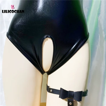2018 Sexy PVC Leather Black Bodysuit Women High Cut Thong Open Crotch Hollow Bust Erotic Leotard Costumes Latex Bodysuit