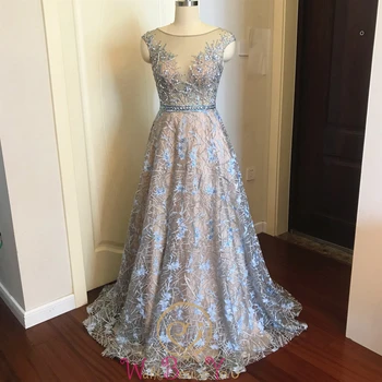 2019 New O-neck A-line koronkowe suknie wieczorowe iluzja niebieskiego szampana bez rękawów, długie, luksusowe szampan kryształowe suknie wieczorowe