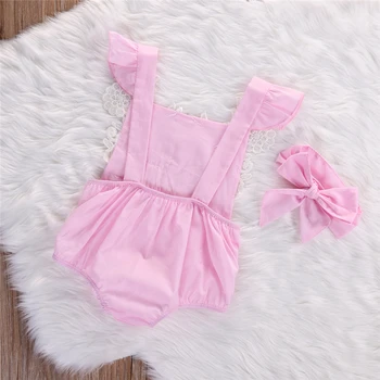 2019 noworodka dzieci dziewczyny koronki piękny kwiatowy kombinezon FlowerJumpsuit+łuk pałąk kostium stroje zestaw Sunsuit 0-18 m