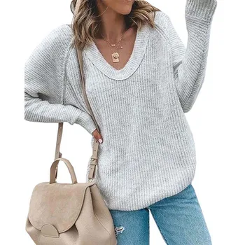 2020 casual V-neck oversize sweter damska jesienno-zimowa odzież z długim rękawem z dzianiny swetry damskie stałe swetry damskie