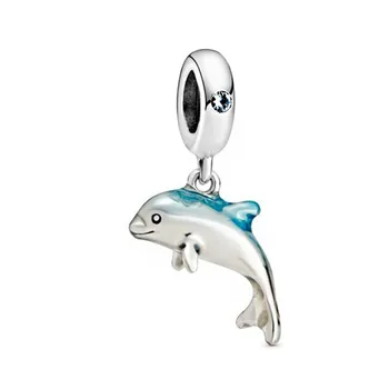 2020 lato Nowy 925 srebro próby połyskujące Dolphin kolczyki wisiorki koraliki pasują oryginalne bransoletki Pandora kobiety biżuteria DIY