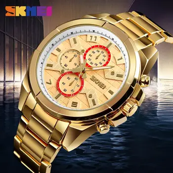 2020 SKMEI 1378 luksusowe złote Męskie kwarcowy zegarek sportowy zegarek Wodoodporny całkowicie stalowe męskie zegarek Relogio Masculino