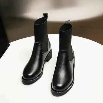 2020 skóra naturalna skarpetki buty Damskie gruby obcas krótkie buty na średnim obcasie buty jesień i zima krótkie rurki odcinek cienkie buty