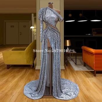 2020 Srebrny vintage sukienka suknia wieczorowa podłogi długość suknia wieczorowa Robe De Soiree Aibye Slit Prom Dress Vestido de festa Dubai