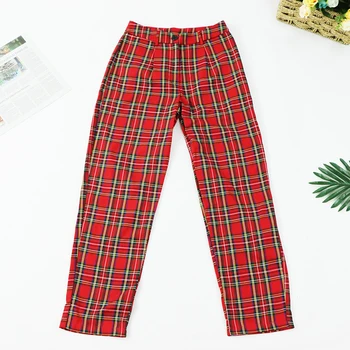 2020 za pantolon Street proste spodnie malowane punk komórkowe spodnie w kratę zamek casual, styl vintage czerwony pled spodnie