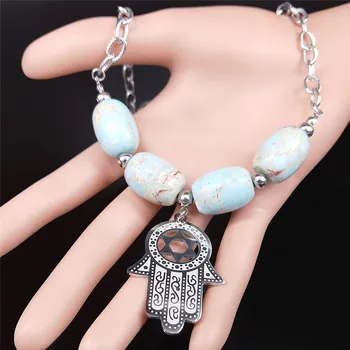 2021 moda heksagram Hamsa ręcznie kamień naturalny naszyjnik ze stali nierdzewnej kolor srebrny naszyjnik kobiety biżuteria joyería NXS04