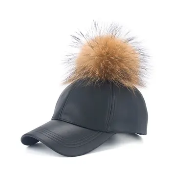 2021 nowy prawdziwe futro pom pom czapka dla kobiet wiosna cukierki kolor PU czapka z daszkiem z prawdziwym futrem pom poms zupełnie nowa damska czapka