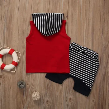 2szt 0-4Y moda aktywny nowo narodzony maluch chłopcy bawełna rękaw sweter z kapturem czerwona koszula top w paski krótkie spodnie strój lato