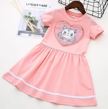 3-8T moda Jednorożec ładny kot cekiny zmienić kolor łóżeczka dziewczynki różowy biały sukienki letnie bawełnianej sukienki dla dziewczynek