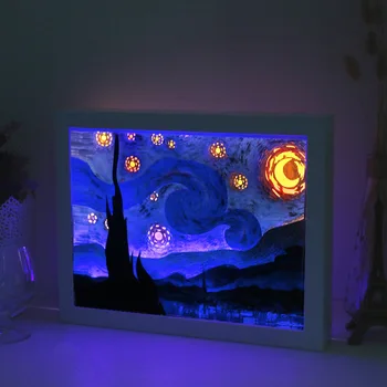 3d Paper Carving Lamp Shadow Van Gogh Starry Sky USB Night Lights Creative Paper-cut Art for Home Bedroom Decoration prezenty dla dzieci