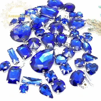 58pcs 10shapes 25sizes Mix Sapphire blue kształt i wymiary szkło Kryształowe cyrkonie srebrna dno DIY akcesoria do ubrań