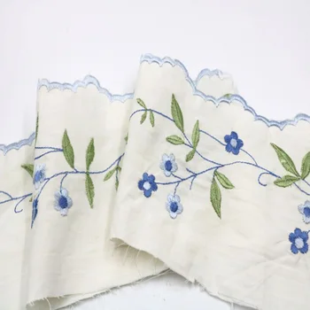 (5Yds/lot)10 cm szeroki biały bawełna haft niebieski kwiatowy zielony liść DIY koronki tkaniny haftowane, DIY koronki tkaniny