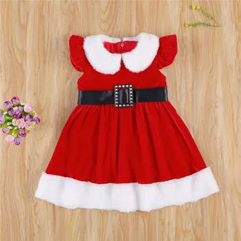 6M-4T dziecko dzieci dziewczyny świąteczny strój z długim rękawem Czerwony aksamit Księżniczka owłosiony sukienka z paskiem dzieci Santa prezenty świąteczne