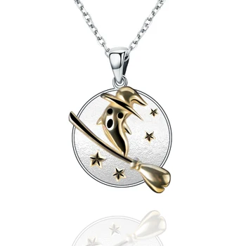 925 srebro, złoto duch z miotłą wisiorek okrągły łańcuch naszyjnik 2020 kobieta Halloween party biżuteria prezenty