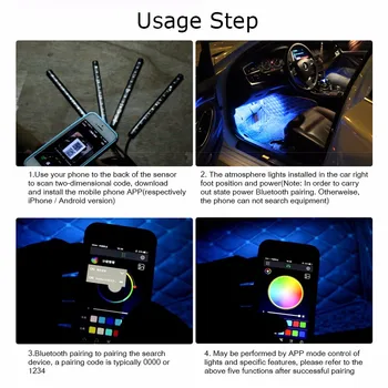 9LED 4Pcs CAR Interior Atmosphere Light LED Strip RGB Light Dash Floor LED Strip Decorative Light USB Phone App Control Set Lamp