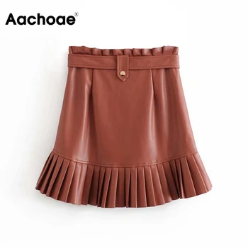 Aachoae Solid PU skóra ekologiczna mini spódnica kobiety eleganckie falbanki Plisowana spódnica z pasem 2020 moda linia panie Wysokiej Talii spódnica