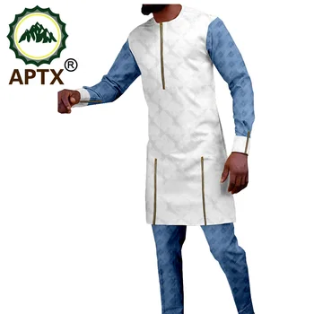 Afrykański strój dla mężczyzn żakardowe materiał APTX pełne rękawy długi top+spodnie pełnej długości garnitur TA2016028