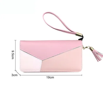 AOSBOS długi portfel z imitacji skóry nowy portfel z frędzelkami stałe patchwork torebki na zamek, modny design kopertówka torebki dla kobiet