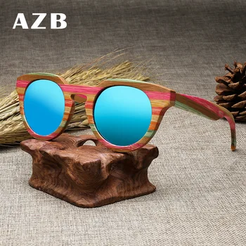 AZB spolaryzowane drewniane okulary Cat Eye Bamboo Sun Glasses Women Brand Designer Multicolour Wood Glasses Oculos de sol masculino