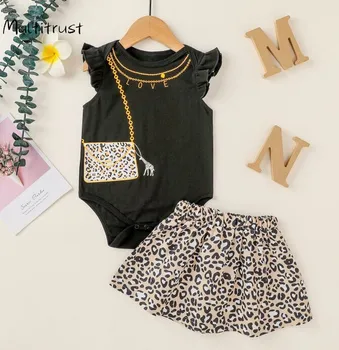 Baby Girl stroje z dwóch części garnitur gumtree print latający rękaw body i moda leopard spódnica w kształcie trapezu formy 2szt