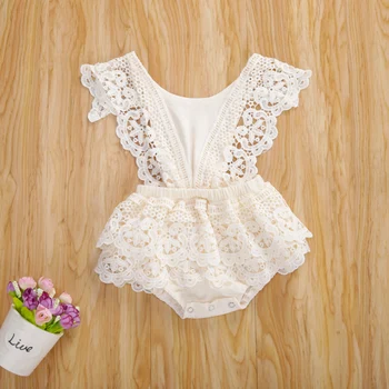 Baby Girls Fly Sleeve Solid Cotton Lace Bodysuits Hollow Out Sleeveless Playsuits Girls Jumpsuits Baby Sunsuits for 0-24M