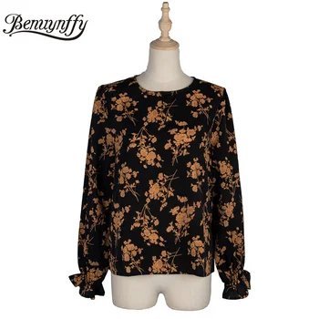 Benuynffy 2020 jesień kwiatowy print top Bluzka dla kobiet High Street okrągły dekolt z długim rękawem retro casual damskie topy i bluzki