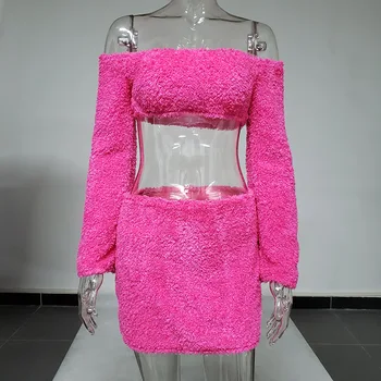 BKLD Sexy Matching Set Off Women Shoulder Long Sleeve Crop Top And Skirt Sets Fashion 2020 jesień nowe puszyste stroje z dwóch części