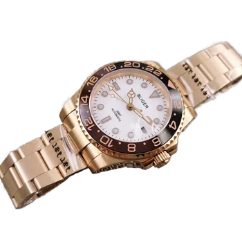 BLIGER różowe złoto automatyczne męskie zegarek szafirowe szkło bezel obrotowy GMT ręka biała tarcza Składany zamek