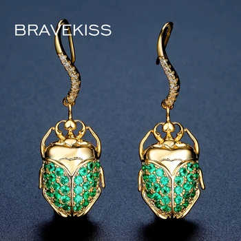 BRAVEKISS kolor złoty Żuk wiszące kolczyki naszywana kolczyki dla kobiet zielona cyrkonia biżuteria BUE0316