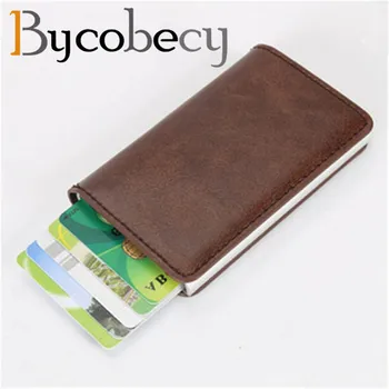 BYCOBECY Card Holder for Men Women RFID Aluminium Alloy Credit Card Holder PU Leather Card Wallet Automatic Pop Up Card Case