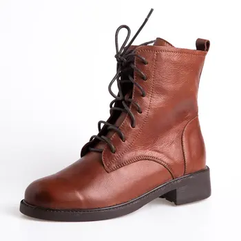 Careaymade-jesienne krótkie buty Damskie ręcznie wykonane z miękkiej skóry wołowej skóry Martin boots medium tube thick heel single lace-up boots