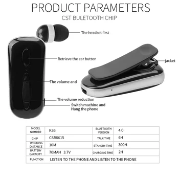 CRTONE K36 Mini Wireless Bluetooth Headset Calls Remind Vibration Wear Clip Driver Auriculares słuchawki do telefonu