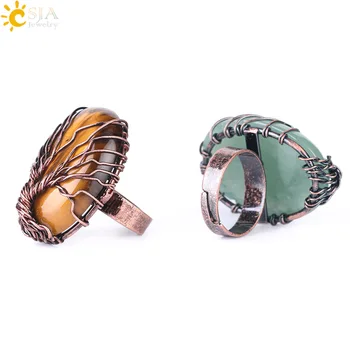 CSJA antyczne pierścienie dla kobiet, vintage, biżuteria palec jajko kształt naturalny kamień koraliki, drut owinięty Drzewo Życia regulowany pierścień F391