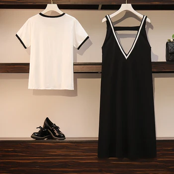 Cyanlee Plus Size 2020 Summer 2 Piece Set Women Cotton White Pullover T Shirt V-neck Camis Black Dress Ropa Mujer Sets