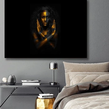 Czarne złoto nude sztuka Afrykańska kobieta obraz olejny na płótnie Куадрос plakaty i druki skandynawskie ścienne do salonu