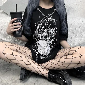 Czarny ciemny Goth kobieta długie t-shirty 2020 Lady witch kreskówka druku oczko łańcucha hipster koszulka gothic punk fajne podstawowy sukienka top
