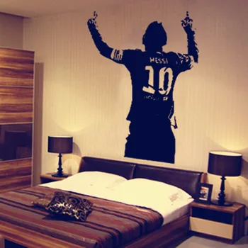 Czarny PVC piłkarska gwiazda Lionel Messi rysunek ściany naklejki winylu DIY dzieci salon naklejki na ściany, naklejki dla fanów piłki nożnej