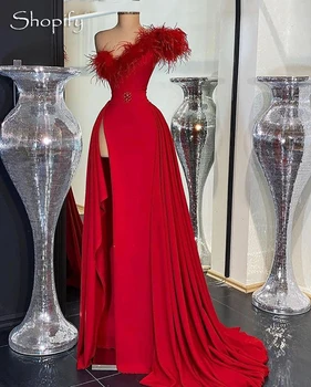 Czerwone Długa Suknia Wieczorowa 2020 Wysoki Przekrój Jedno Ramię Eleganckie Pióro Dubai Styl Afrykańskie Kobiety Suknie Wieczorowe