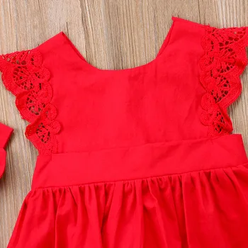 Czerwony noworodka dziewczynka Kartki odzież bez rękawów koronki paczka listwy kombinezon Kombinezon+opaska na głowę 2szt prezent Świąteczny Sunsuit odzież