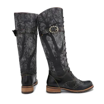 D Knight 2019 New Winter Retro Casual Women Knee High Boots buty etniczny kwiat ręcznie z naturalnej skóry damskie buty zachodnie