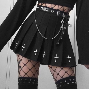 Damska ciemny gotycka spódnica punk uliczna moda damska spódnica Plisowana drukowanie krzyż A-line spódnica college codzienne czarna sukienka impreza