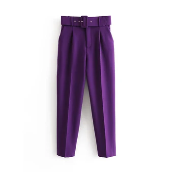Damskie eleganckie fioletowe spodnie pas kieszenie na zamek stałe eleganckie spodnie damskie figi