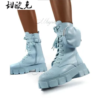 Damskie kieszonkowe buty sznurowane Damskie botki damski pasek z klamrą niebieski grube etui na podeszwie botki buty Damskie na platformie moda