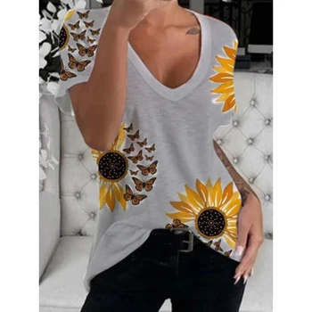 Damskie letnie koszulki słonecznik motyl drukowania codziennych koszulki topy V-neck t-shirt plus rozmiar z krótkim rękawem odzież Damska 2020 SJ6425X
