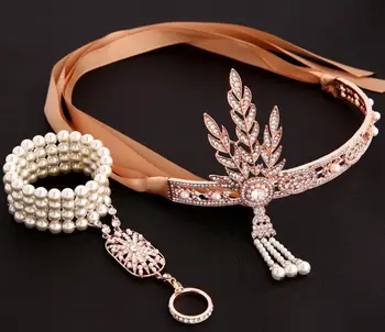 Damskie opaski Great Gatsby headbands pearl Ring Set Headpiece Flapper Fancy Costume Party Accessory Wedding Bridal Tiara Headpiece