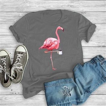 Damskie t-shirty Flamingo Drinking Coffee Cute Tops odzież Damska Kawaii Streetwear Cartoon Graphic Tee Vintage Aesthetic Shirt